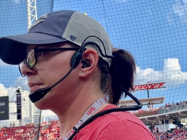 Sarah Stephens from Cincinnati Reds wears CM-i3 with hat and glasses.